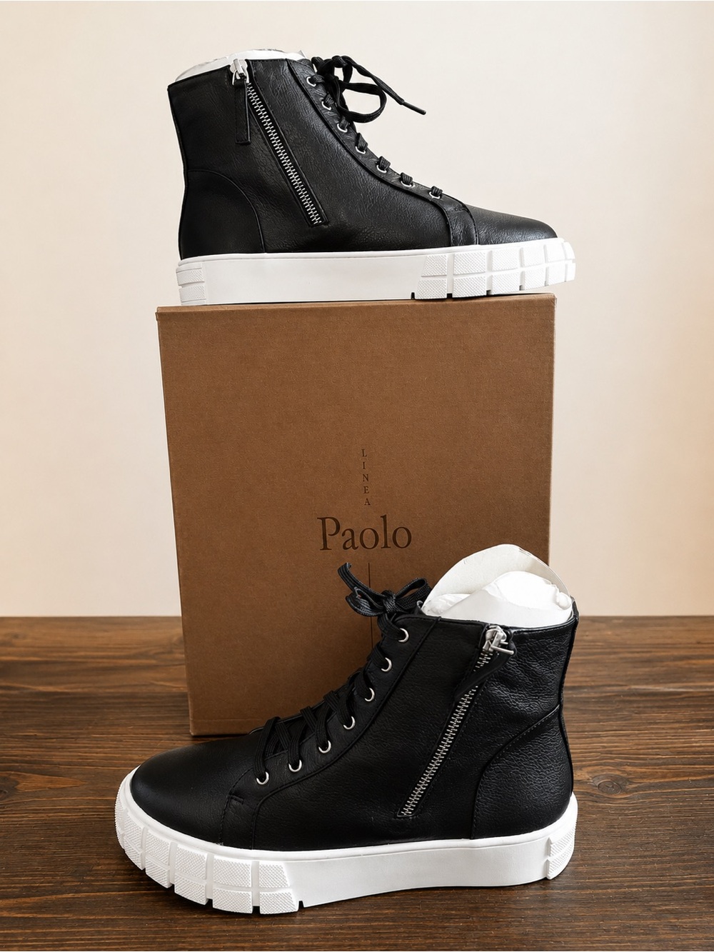 Linea Paolo Gio Black Leather High-Top Lace-Up & Side-Zip Sneaker Boot Platform